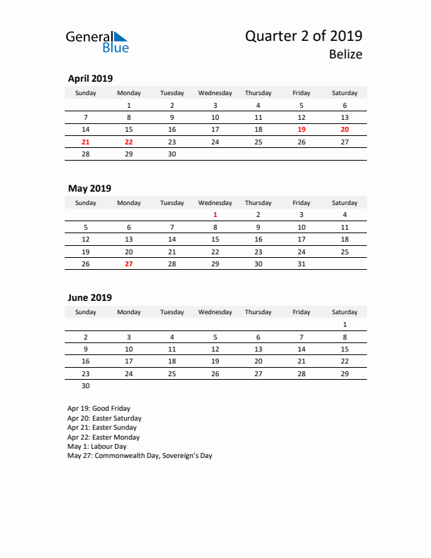 2019 Q2 Three-Month Calendar for Belize