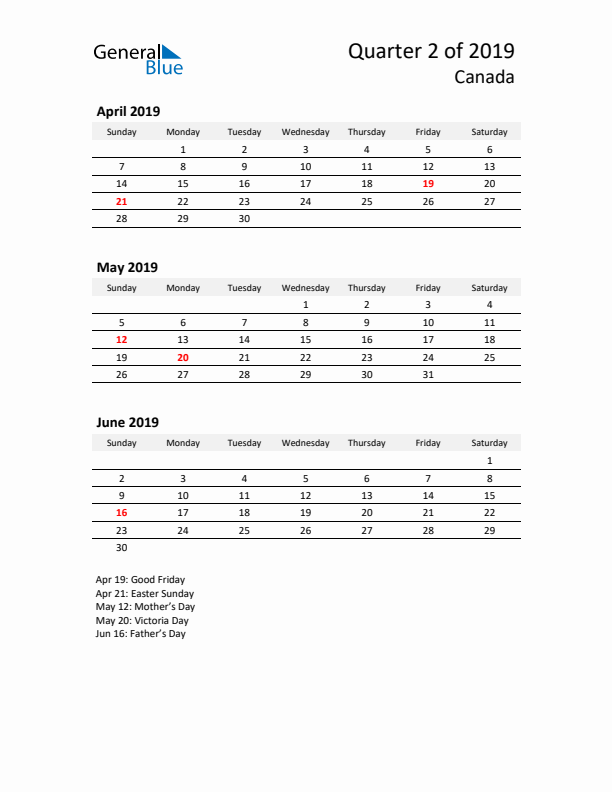 2019 Q2 Three-Month Calendar for Canada