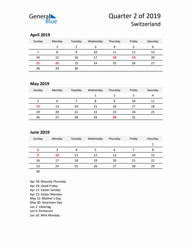 2019 Q2 Three-Month Calendar for Switzerland