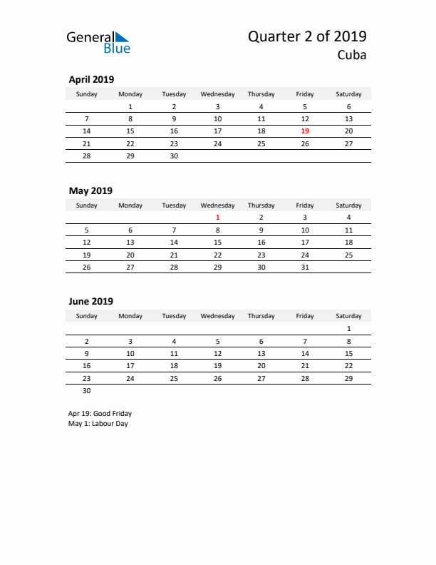 2019 Q2 Three-Month Calendar for Cuba