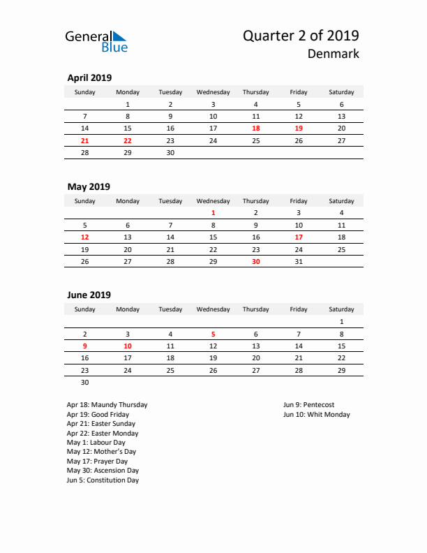 2019 Q2 Three-Month Calendar for Denmark