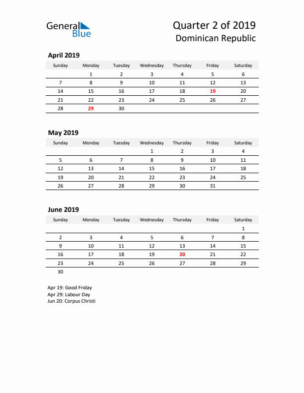 2019 Q2 Three-Month Calendar for Dominican Republic