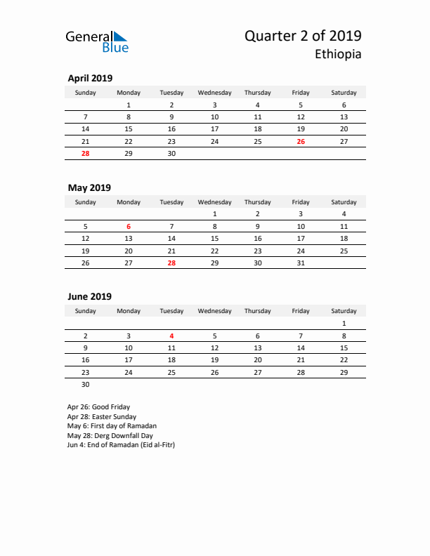 2019 Q2 Three-Month Calendar for Ethiopia