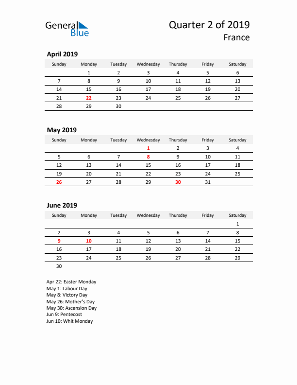 2019 Q2 Three-Month Calendar for France