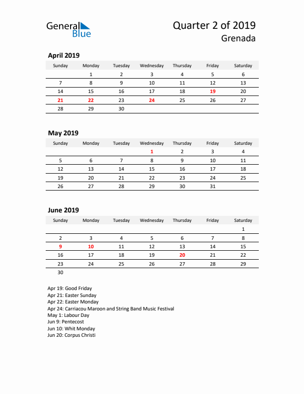 2019 Q2 Three-Month Calendar for Grenada