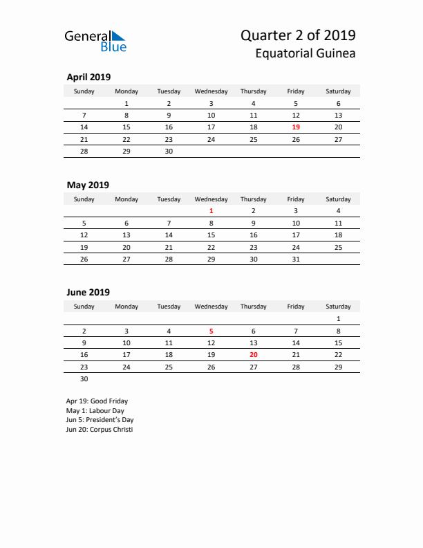 2019 Q2 Three-Month Calendar for Equatorial Guinea