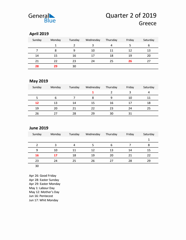 2019 Q2 Three-Month Calendar for Greece