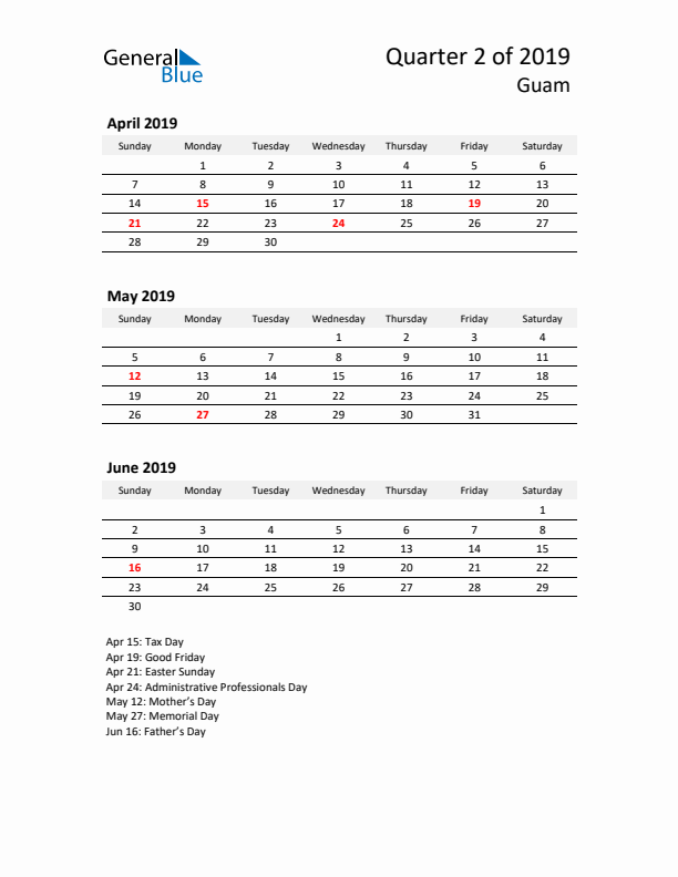 2019 Q2 Three-Month Calendar for Guam