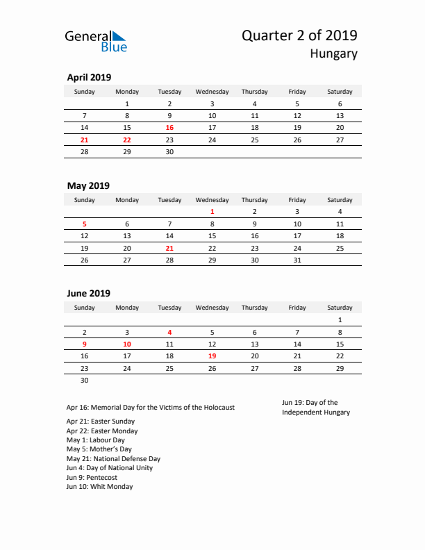 2019 Q2 Three-Month Calendar for Hungary