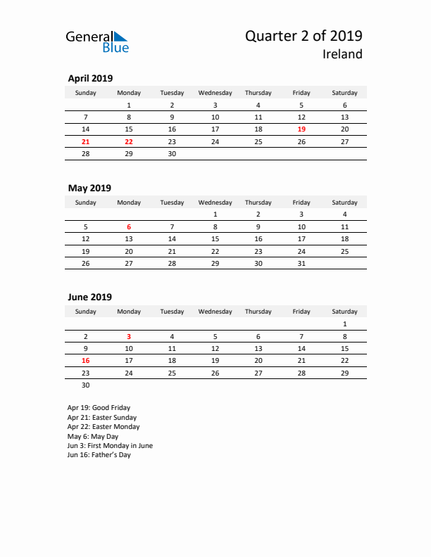 2019 Q2 Three-Month Calendar for Ireland