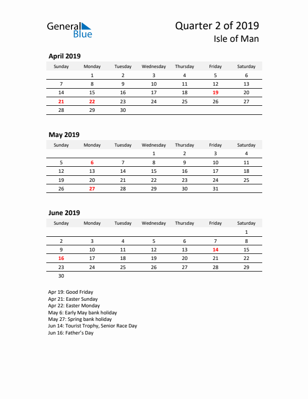 2019 Q2 Three-Month Calendar for Isle of Man