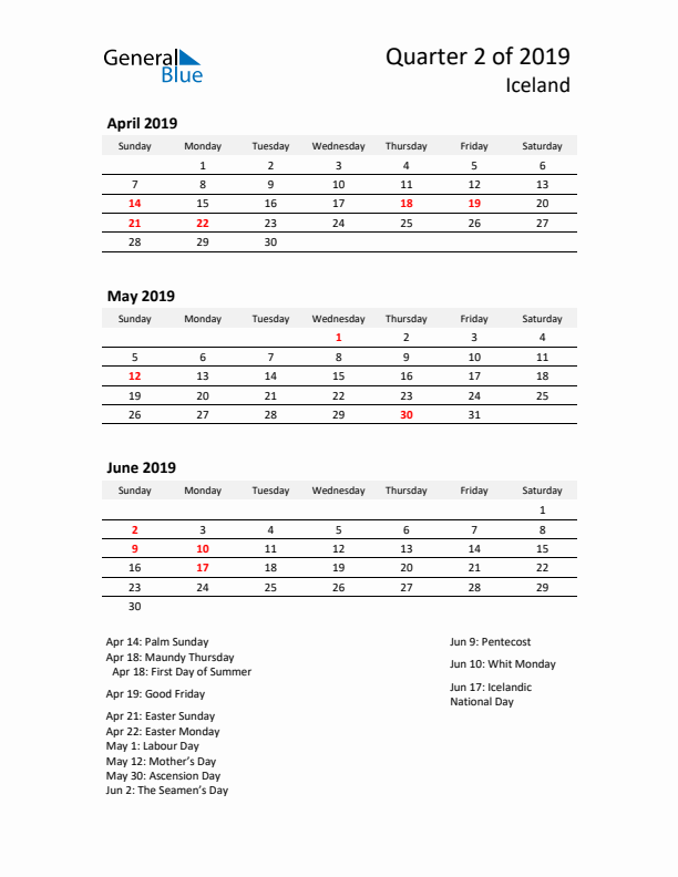 2019 Q2 Three-Month Calendar for Iceland