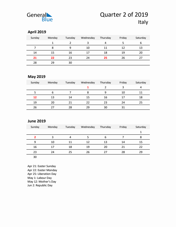 2019 Q2 Three-Month Calendar for Italy