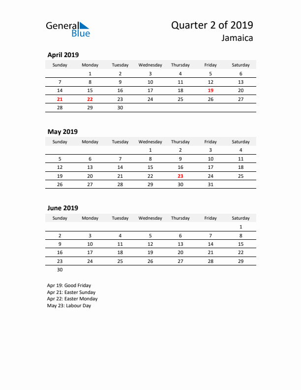 2019 Q2 Three-Month Calendar for Jamaica