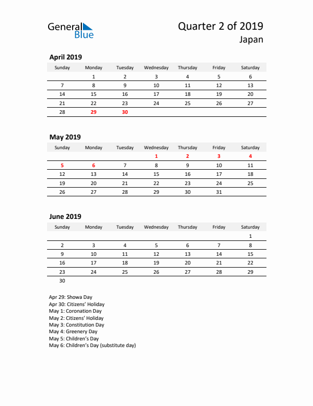 2019 Q2 Three-Month Calendar for Japan