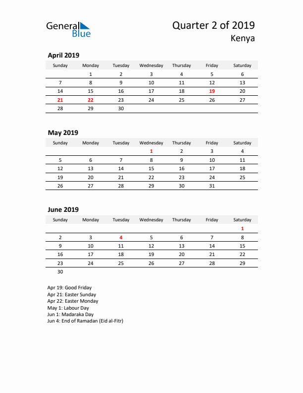 2019 Q2 Three-Month Calendar for Kenya