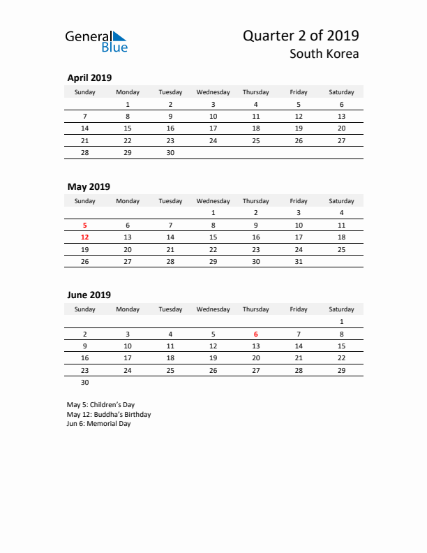 2019 Q2 Three-Month Calendar for South Korea