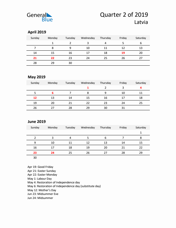 2019 Q2 Three-Month Calendar for Latvia