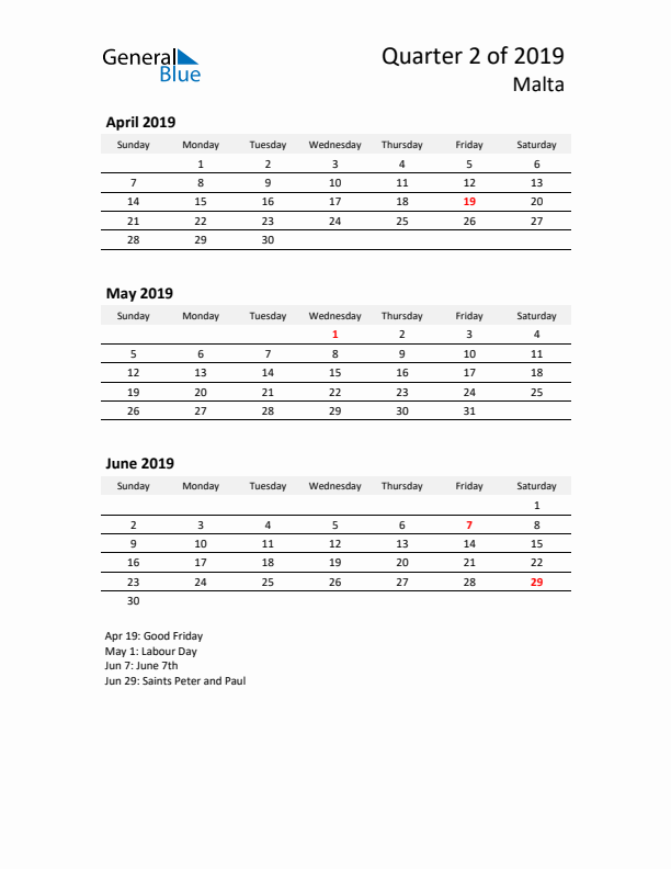 2019 Q2 Three-Month Calendar for Malta