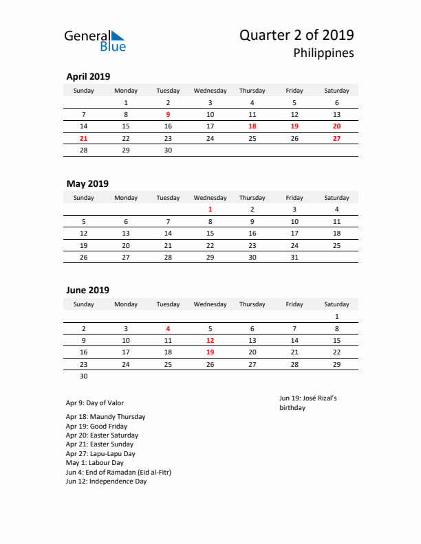 2019 Q2 Three-Month Calendar for Philippines