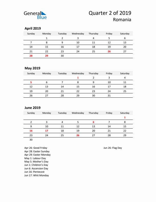 2019 Q2 Three-Month Calendar for Romania