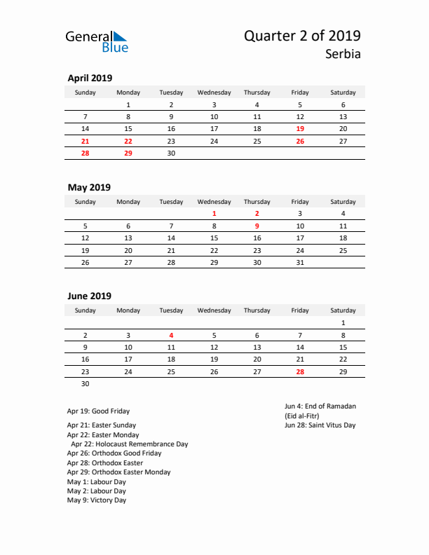 2019 Q2 Three-Month Calendar for Serbia