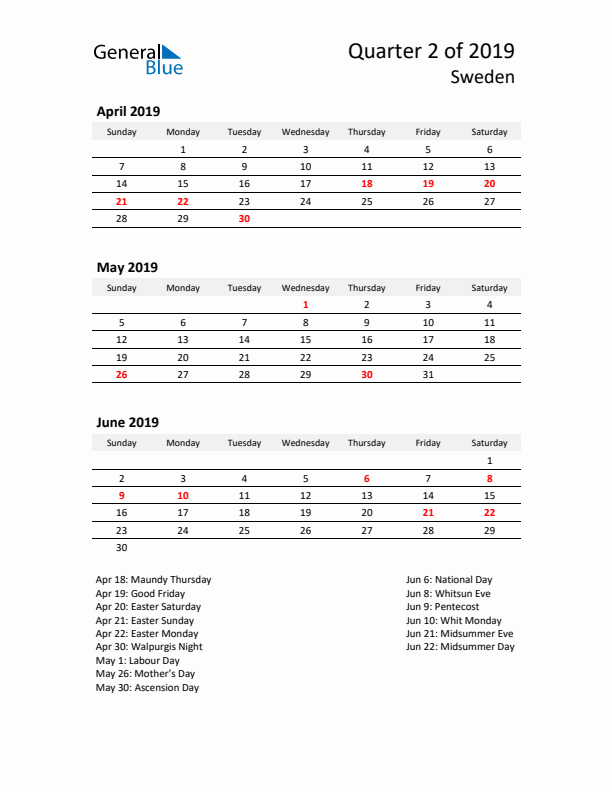 2019 Q2 Three-Month Calendar for Sweden