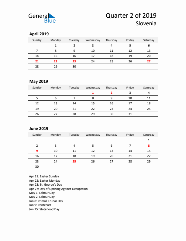 2019 Q2 Three-Month Calendar for Slovenia