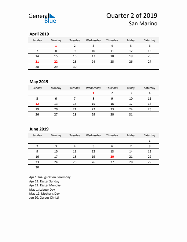 2019 Q2 Three-Month Calendar for San Marino