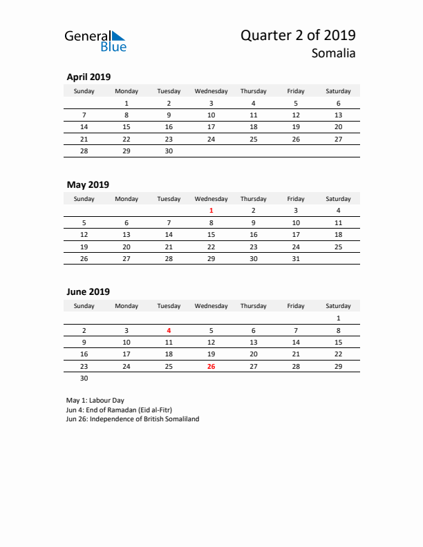 2019 Q2 Three-Month Calendar for Somalia