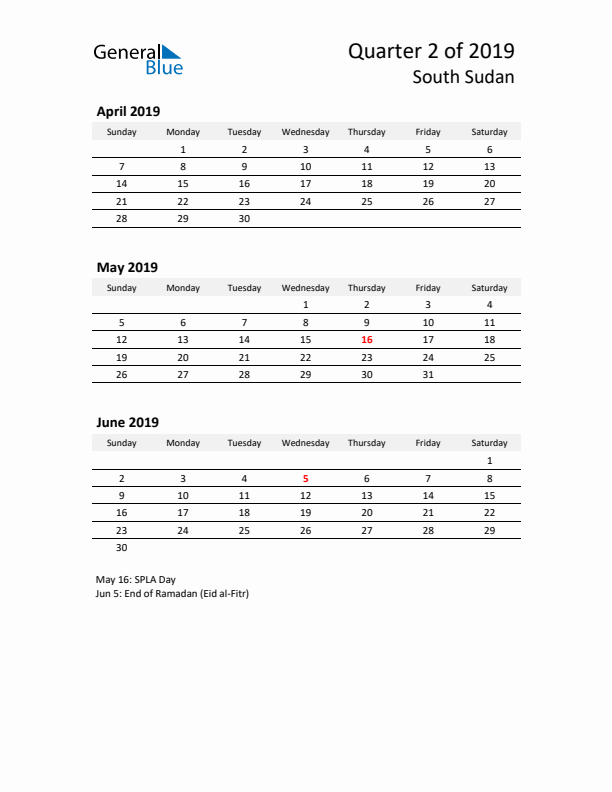 2019 Q2 Three-Month Calendar for South Sudan