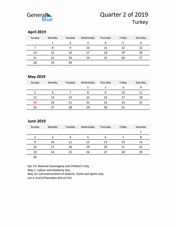 2019 Q2 Three-Month Calendar for Turkey