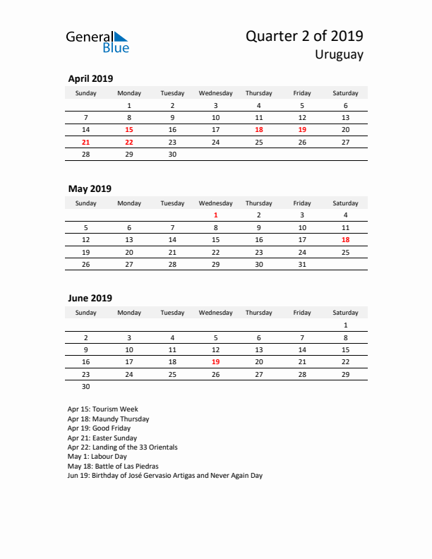 2019 Q2 Three-Month Calendar for Uruguay