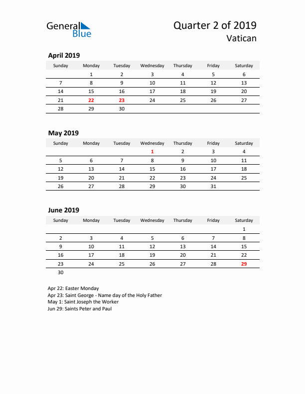 2019 Q2 Three-Month Calendar for Vatican