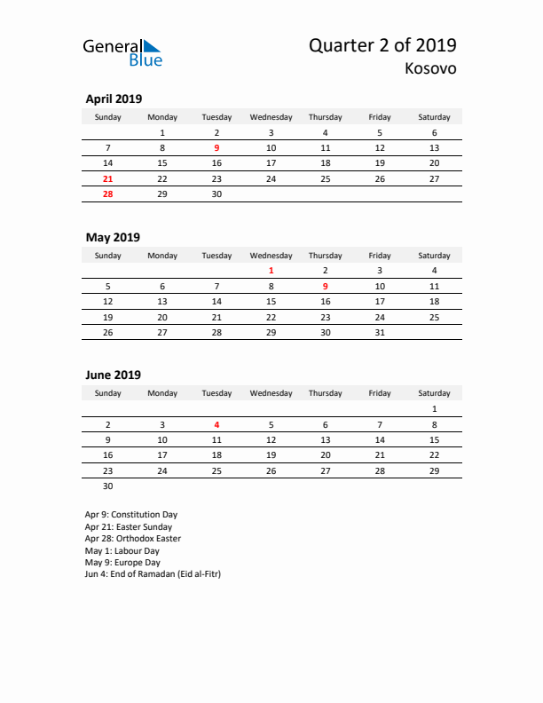 2019 Q2 Three-Month Calendar for Kosovo