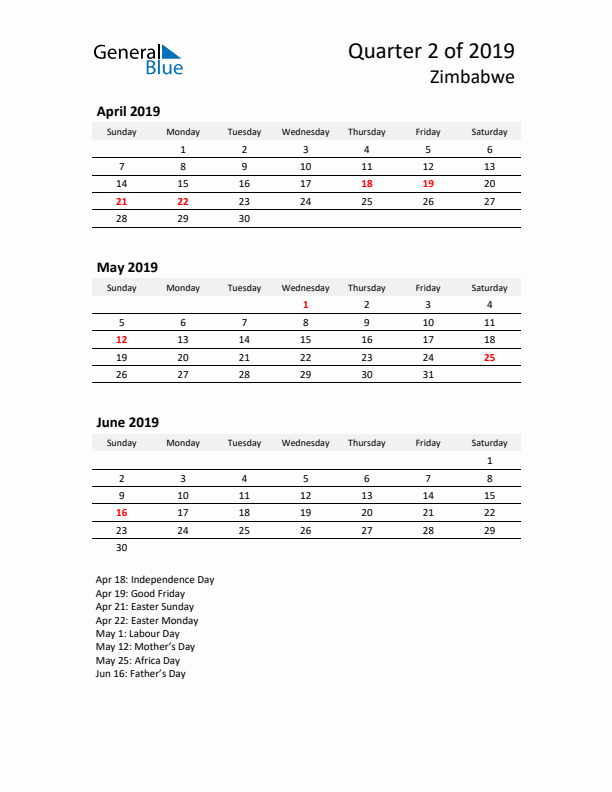 2019 Q2 Three-Month Calendar for Zimbabwe