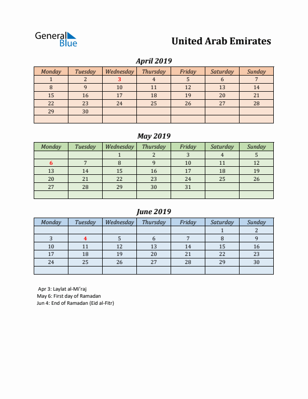 Q2 2019 Holiday Calendar - United Arab Emirates