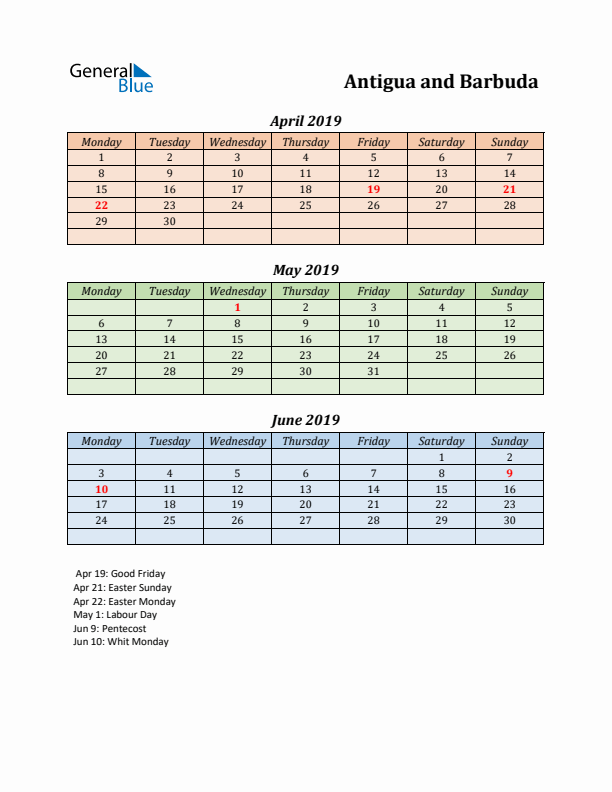 Q2 2019 Holiday Calendar - Antigua and Barbuda