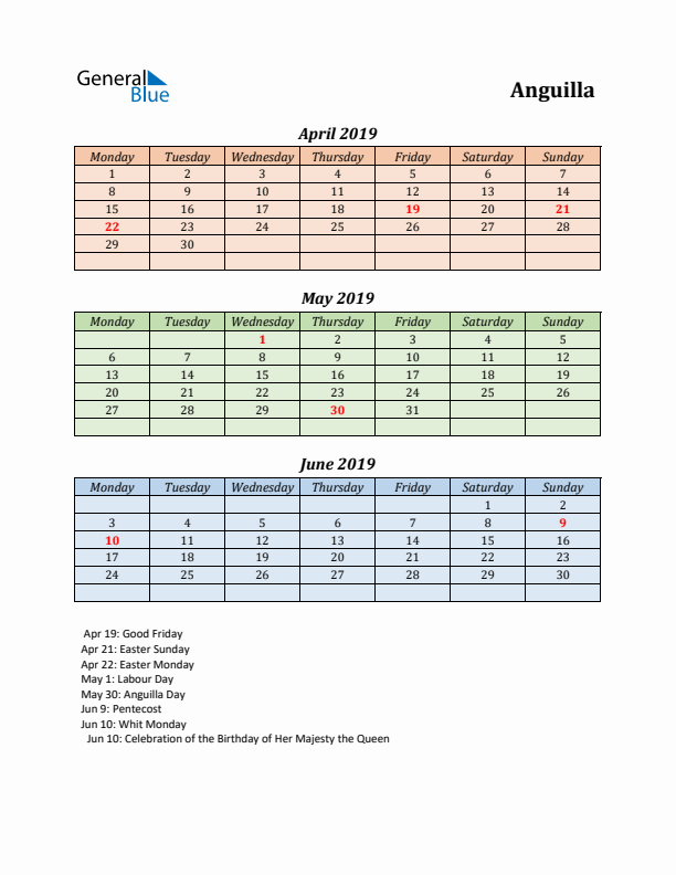 Q2 2019 Holiday Calendar - Anguilla