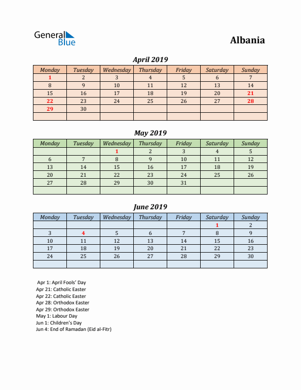 Q2 2019 Holiday Calendar - Albania