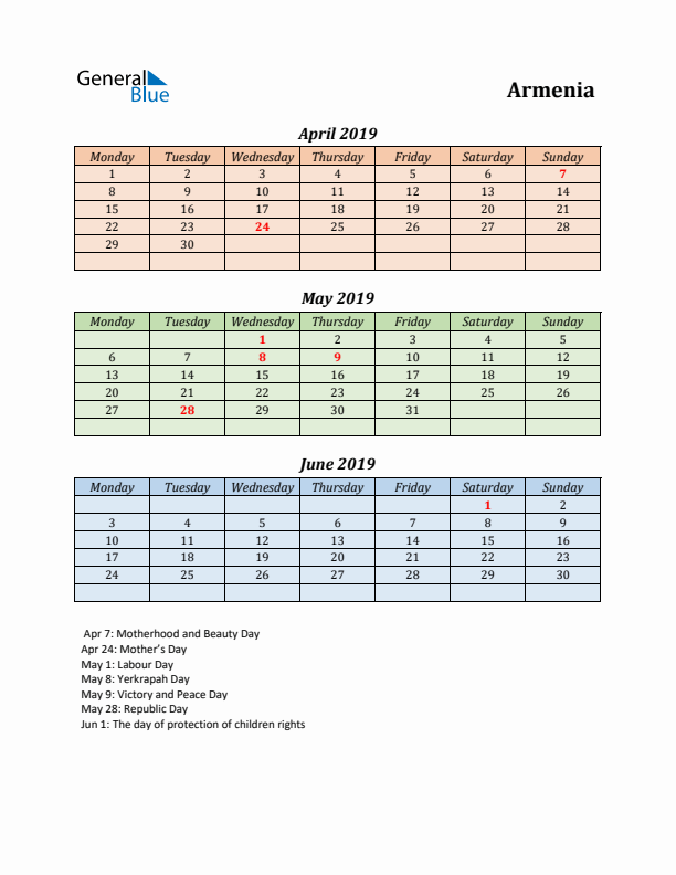 Q2 2019 Holiday Calendar - Armenia