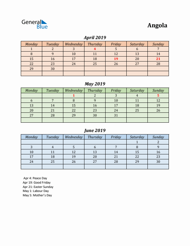 Q2 2019 Holiday Calendar - Angola