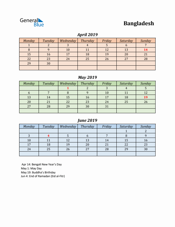 Q2 2019 Holiday Calendar - Bangladesh