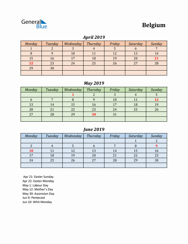 Q2 2019 Holiday Calendar - Belgium