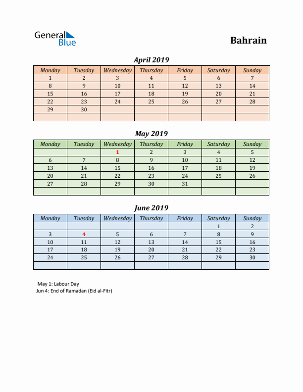 Q2 2019 Holiday Calendar - Bahrain