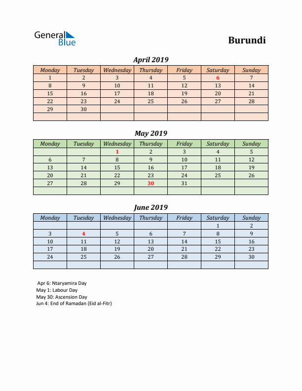 Q2 2019 Holiday Calendar - Burundi