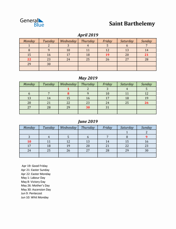 Q2 2019 Holiday Calendar - Saint Barthelemy