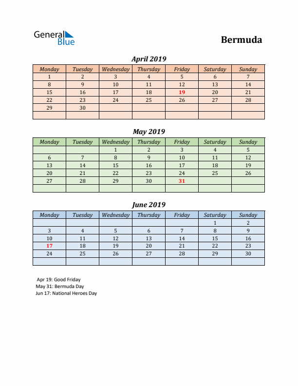 Q2 2019 Holiday Calendar - Bermuda