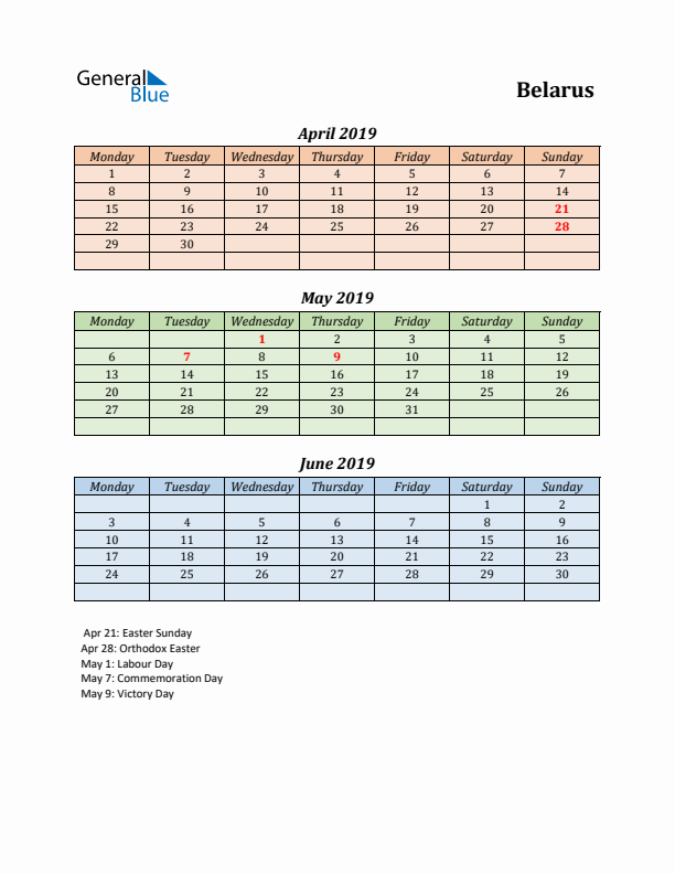 Q2 2019 Holiday Calendar - Belarus