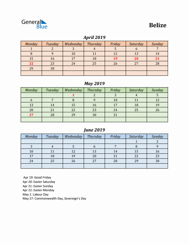 Q2 2019 Holiday Calendar - Belize